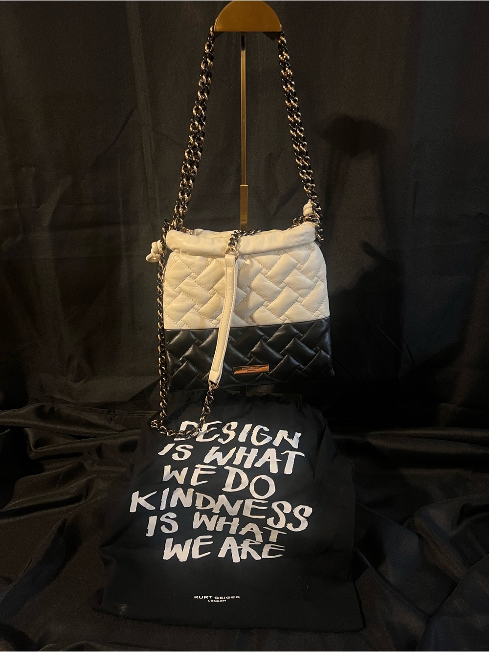 Kurt Geiger Kensington Two-Tone Quilted Shoulder Bag in White & Black - Picture 2 of 16